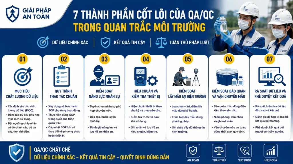 Hình mô tả 7 thành phần quan trọng của qa qc trong qua trình quan trắc môi trường