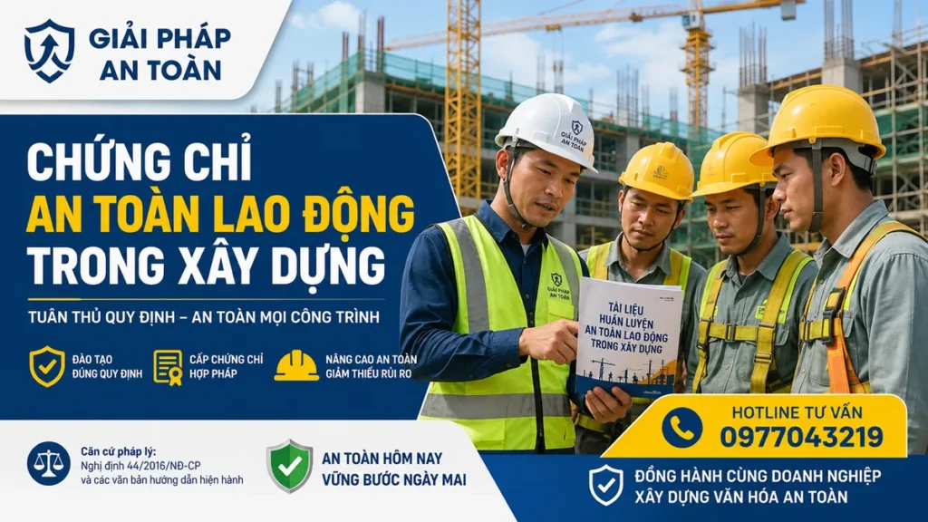 Nhóm công nhân và kỹ sư Việt Nam tham gia huấn luyện để nhận chứng chỉ an toàn lao động trong xây dựng tại công trường.
