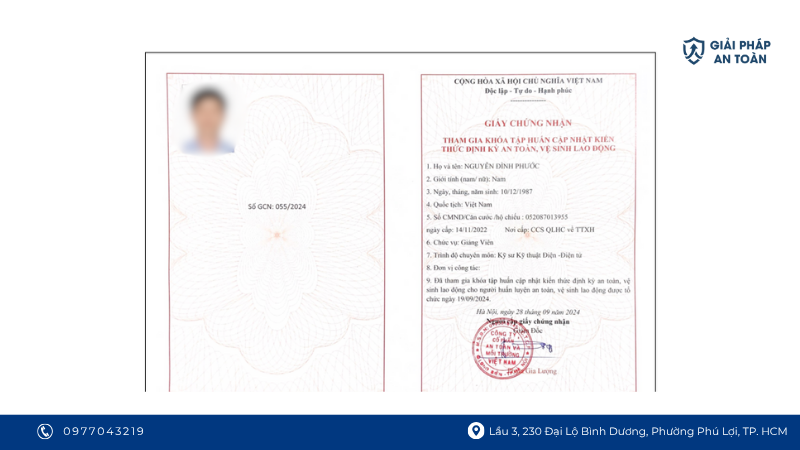 Mẫu chứng chỉ an toàn lao động ngành điện do GPAT Nam Việt cấp theo Nghị định 44