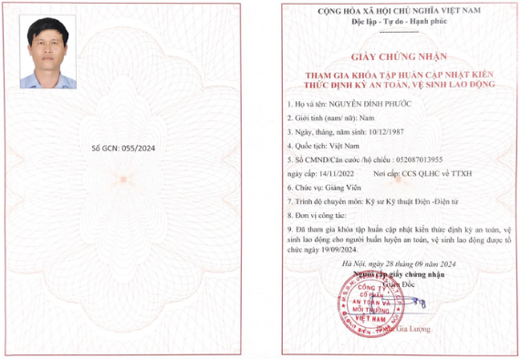 Giấy chứng nhận tham gia khóa tập huấn cập nhật kiến thức định kỳ an toàn vệ sinh lao động