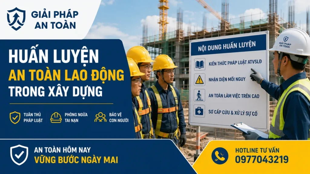 Hình mô tả 10 nội dung huấn luyện an toàn lao động trong xây dựng với hình ảnh công nhân Việt Nam tại công trường.