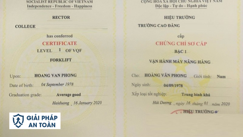 Mẫu chứng chỉ vận hành xe nâng