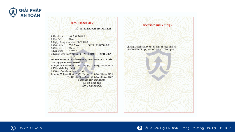 Mẫu chứng nhận an toàn lao động