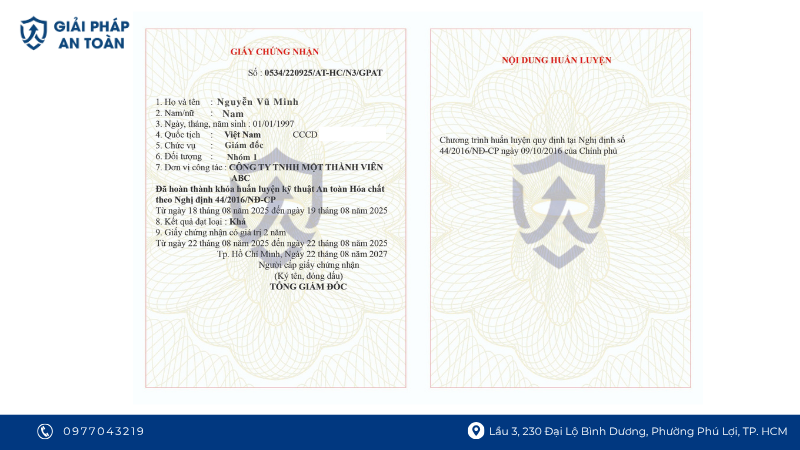 Mẫu giấy chứng nhận an toàn lao động nhóm 1