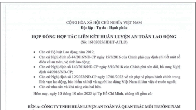 thông tin hợp đồng hợp tác liên kết huấn luyện an toàn lao động