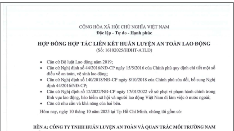 thông tin hợp đồng hợp tác liên kết huấn luyện an toàn lao động