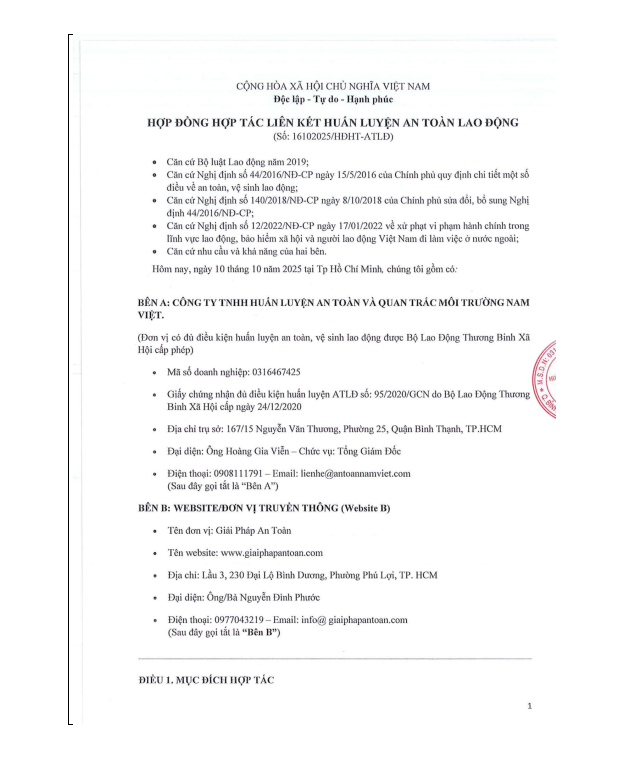thông tin trang 1 hợp đồng hợp tác liên kết huấn luyện an toàn lao động