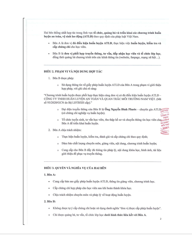 Hợp đồng hợp tác liên kết huấn luyện an toàn lao động GPAT Nam Việt và Công ty TNHH Huấn Luyện An Toàn & Quan Trắc Môi Trường Nam Việt (Trang 2)