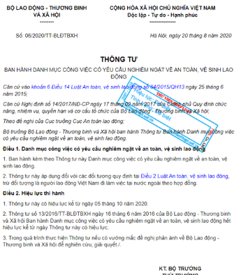 Thông tư số 06/2020 TT-BLĐTBXH