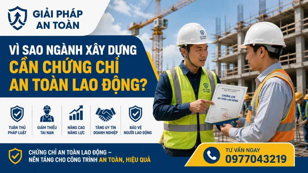 Kỹ sư và công nhân xây dựng Việt Nam tại công trường trao chứng chỉ an toàn lao động, minh họa lợi ích của việc đào tạo an toàn trong ngành xây dựng như tuân thủ pháp luật, giảm tai nạn và bảo vệ người lao động.