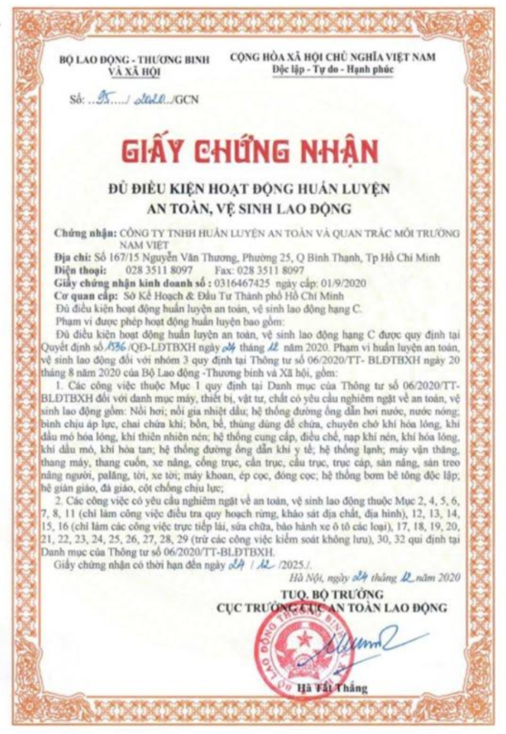 Giấy phép huấn luyện an toàn lao động số 95/2020/GCN
