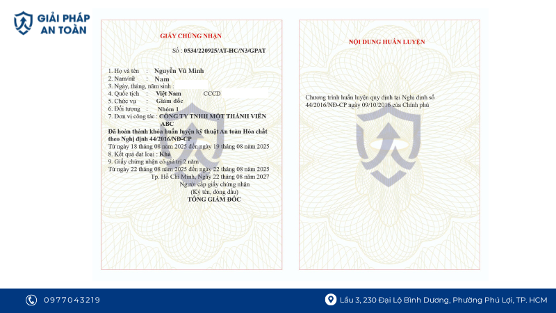 Giấy chứng nhận an toàn vệ sinh lao động nhóm 1