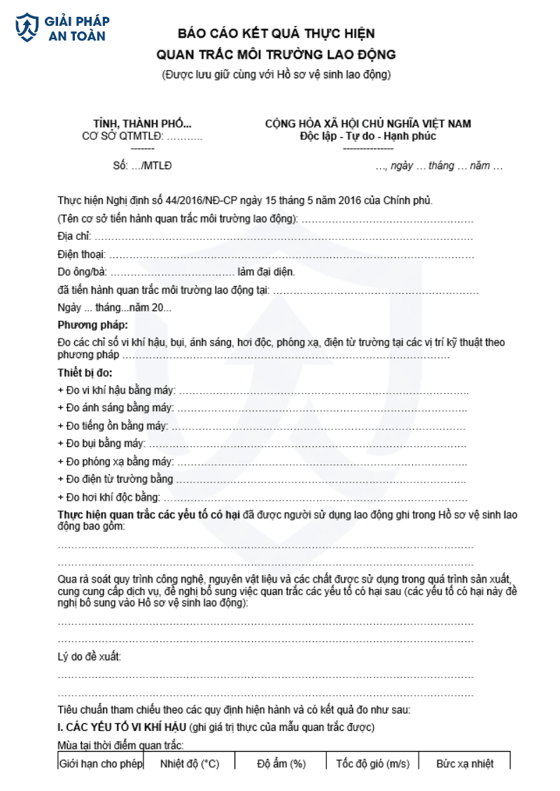 Mẫu kết quả quan trắc lưu cùng hồ sơ quan trắc môi trường lao động theo Nghị định 44/2016/NĐ-CP