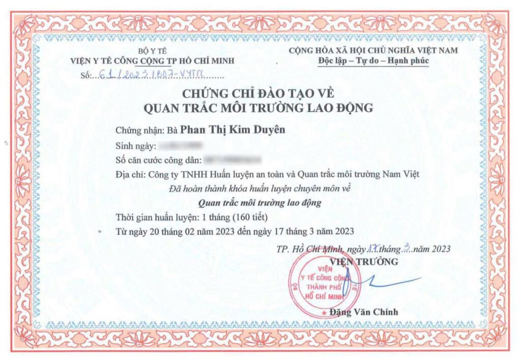 Chứng chỉ đào tạo về quan trắc môi trường lao động
