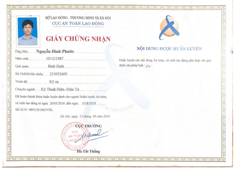 Chứng chỉ giảng viên huấn luyện an toàn lao động Nguyễn Đình Phước (Cục An Toàn Lao Động Cấp)