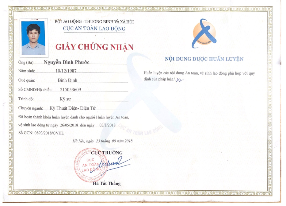 Chứng chỉ giảng viên huấn luyện an toàn lao động Nguyễn Đình Phước (Cục An Toàn Lao Động Cấp)