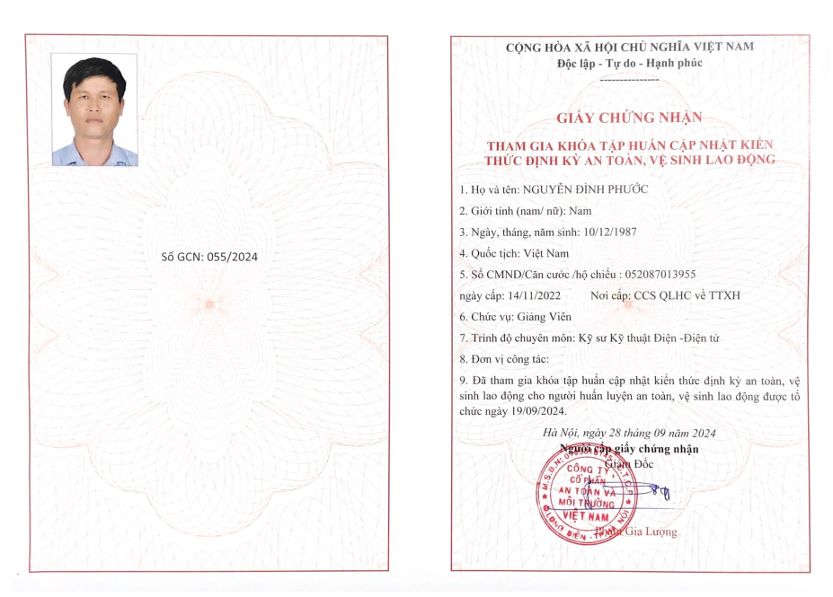 Giấy chứng nhận tham gia khóa tập huấn cập nhật kiến thức định kì an toàn, vệ sinh lao động Nguyễn Đình Phước
